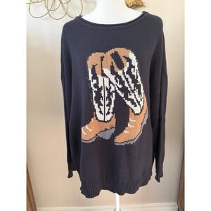 JOA Womens L Cowboy Boots Sweater Blue Western Graphic Oversized Knit Top